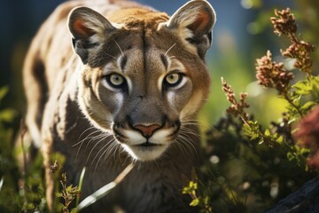 Obraz premium Close-up cougar, mountain lion in forest, AI generated