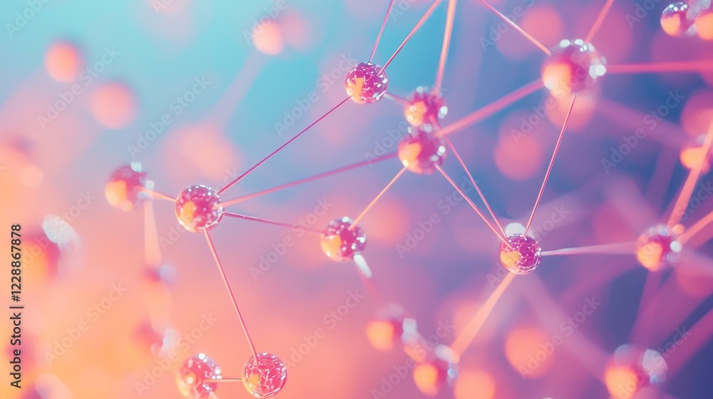 Poster Delicate pink molecular formations intertwine in a captivating display of interconnected nodes. The vibrant colors illuminate the complexity of microscopic structures, inviting deeper exploration