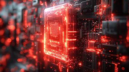 Hi-tech futuristic CPU chip on motherboard with transparent sheath over capacitor, glossy red core, modern technology background, minimalistic, bright tones, blurred space