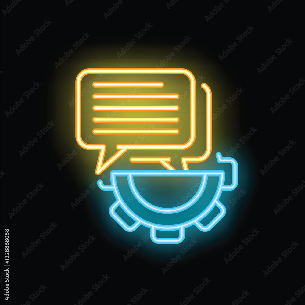 Poster neon icon showing the interaction between chat bubbles and a gear, symbolizing communication in tech