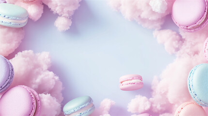 パステルカラーのマカロンが雲のような背景に浮かぶ、幻想的で可愛らしいデザイン。generative ai