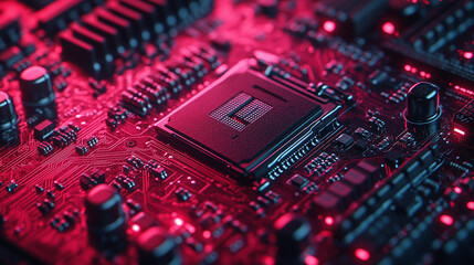 Hi-tech futuristic CPU chip on motherboard with transparent sheath over capacitor, glossy red core, modern technology background, minimalistic, bright tones, blurred space