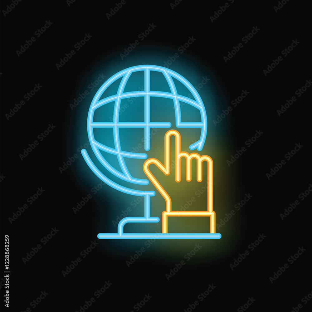 Poster neon sign representing a hand with the index finger pointing at a world globe, concept for global bu