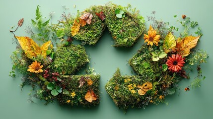 Autumnal recycle symbol, moss, flowers, leaves, green background, eco-campaign