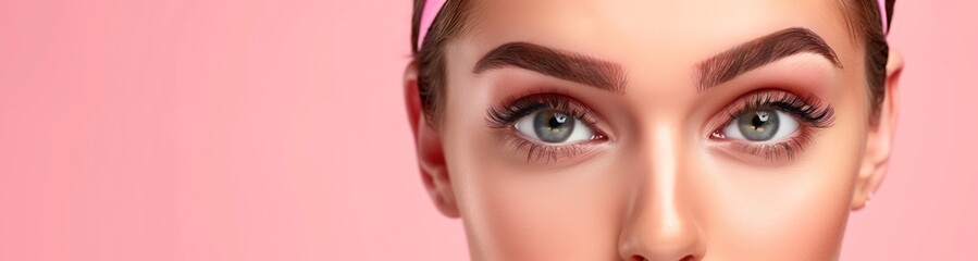 Obraz premium Closeup Portrait of Woman with Perfect Makeup and Thick Eyebrows on Pink Background
