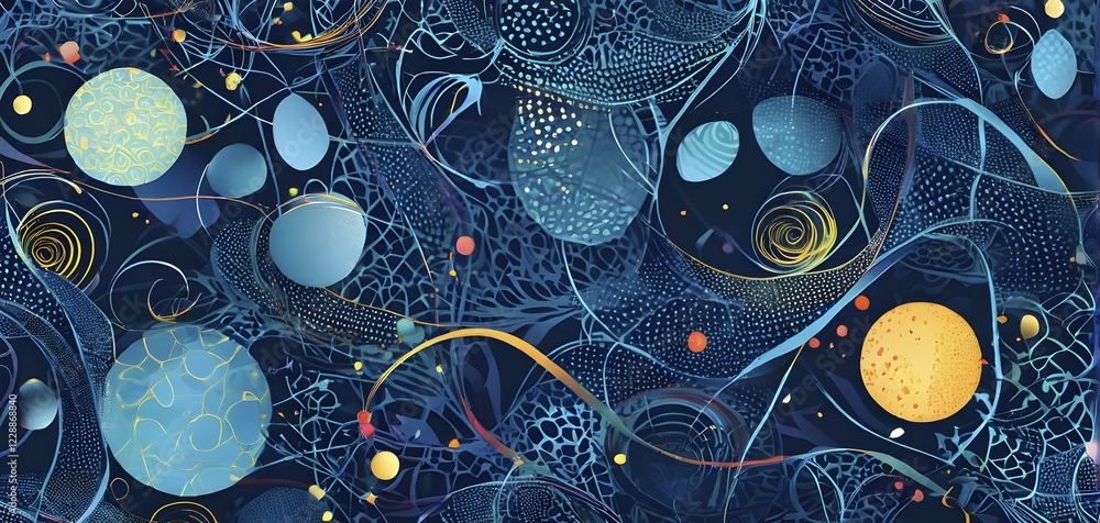 Poster a whimsical abstract pattern with intertwined ribbons, eggs, and floral motifs, with a mix of sharp 