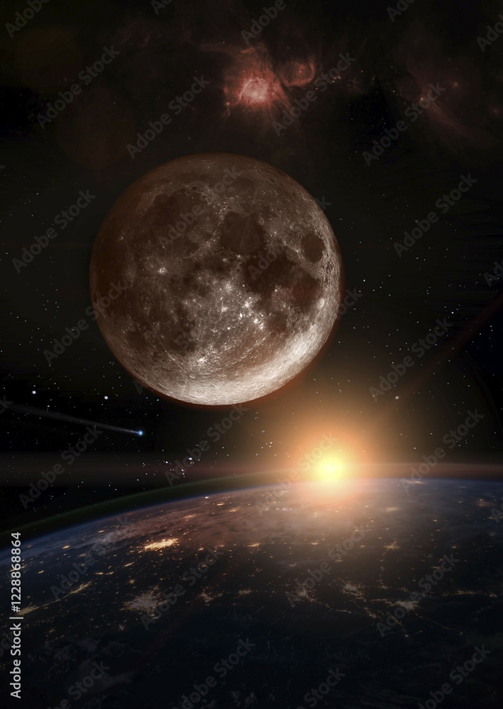 Poster moon over the dark planet earth at sunrise. a nebula appears in the distance and a comet is running 