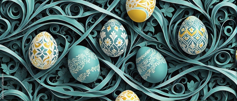 Poster a whimsical abstract pattern with intertwined ribbons, eggs, and floral motifs, with a mix of sharp 
