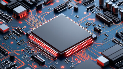 Hi-tech futuristic CPU chip on motherboard with transparent sheath over capacitor, glossy red core, modern technology background, minimalistic, bright tones, blurred space
