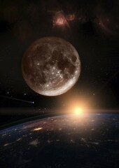 Moon over the dark planet Earth at sunrise. A nebula appears in the distance and a comet is running in the space. Elements of this image furnished by NASA