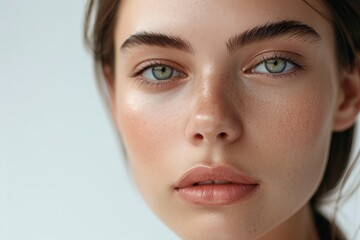 Naklejka premium The stunning portrait beautifully showcases the flawless skin and captivating blue eyes of a young woman, exuding elegance and charm. It symbolizes timeless beauty and everlasting allure