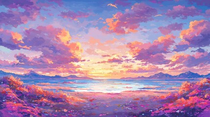 Serene sunset over coastal mountains, purple wildflowers foreground, peaceful background, ideal for travel brochures