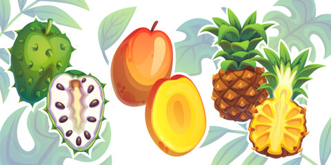 Tropical fruits collection with whole and sliced soursop, fresh orange mango cut in half, golden pineapple cross section on decorative leafy background. Exotic illustration for natural food packaging.