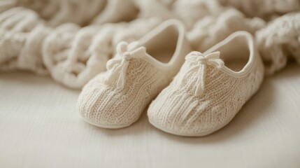 A close-up of soft baby shoes with delicate patterns, placed on a light-textured surface.