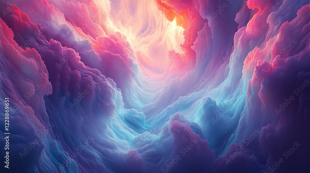 Poster a cluster of soft clouds with light beams streaming through, creating a dreamy and ethereal effect.