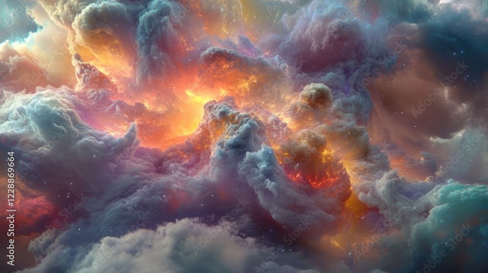 Poster a cluster of soft clouds with light beams streaming through, creating a dreamy and ethereal effect.