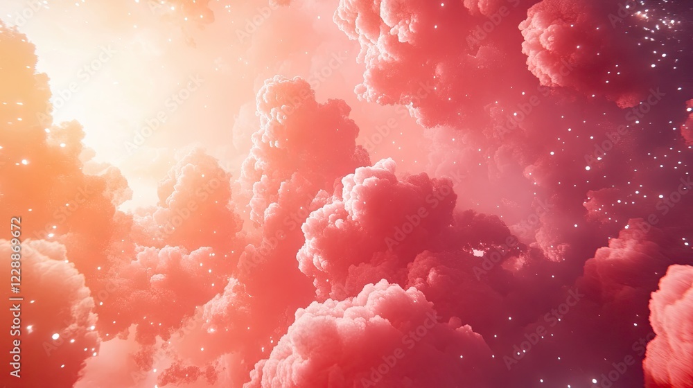 Poster a cluster of soft clouds with light beams streaming through, creating a dreamy and ethereal effect.