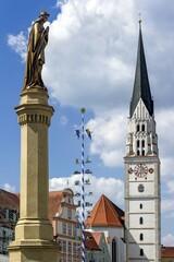 Obraz premium Marian column, maypole, parish church St. Johannes Baptist, Pfaffenhofen, Upper Bavaria, Bavaria, Germany, Europe
