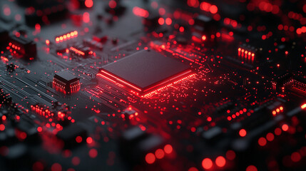 Hi-tech futuristic CPU chip on motherboard with transparent sheath over capacitor, glossy red core, modern technology background, minimalistic, bright tones, blurred space