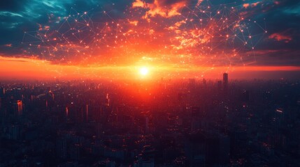 Naklejka premium Cityscape sunset network connection graphic