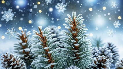 A fir branch covered in frost with pine cones. The background is blurred and suggests a wintry forest with glittering snowflakes. AI generated, AI generated, AI generated