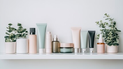 A collection of pregnancy-safe skincare products arranged neatly on a white shelf, symbolizing self-care and wellness during pregnancy. Minimalist and clean.