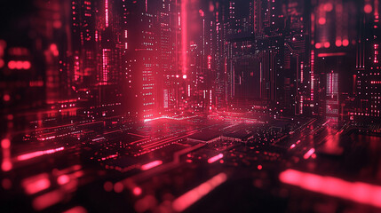 Hi-tech futuristic CPU chip on motherboard with transparent sheath over capacitor, glossy red core, modern technology background, minimalistic, bright tones, blurred space