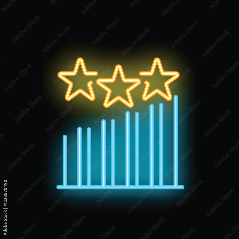 Poster glowing neon icon of a bar chart increasing and ending with three stars representing a high performa