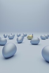 Many blue Easter eggs with golden egg on a blue background, modern Easter background, 3d rendering