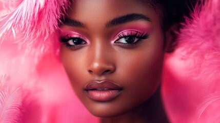 Fototapeta premium Close-up portrait of a beautiful young Black woman with pink eyeshadow and feathers.
