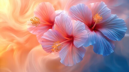 Obraz premium Three pastel hibiscus flowers on a warm, abstract background.