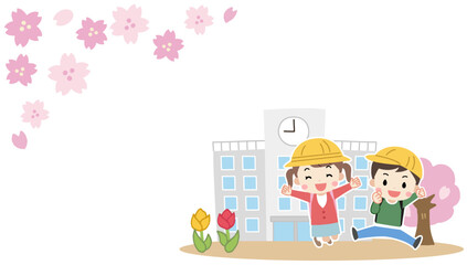 学校の前で笑顔でジャンプする小学生と桜の春のイラスト