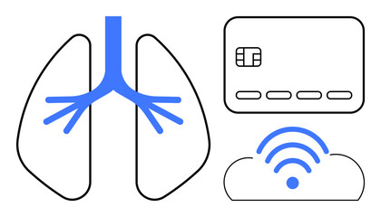 Lungs with blue bronchi, a contactless credit card, and a wireless signal. Ideal for healthcare, medical technology, finance, payments, wireless technology digital banking and connectivity. Line