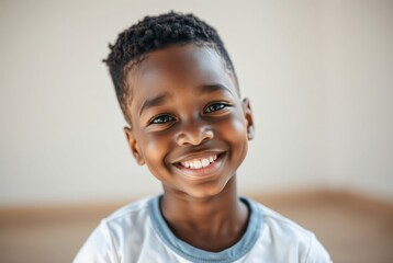 Naklejka premium Cheerful Young Boy with Bright Smile in Natural Light
