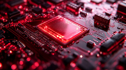 Hi-tech futuristic CPU chip on motherboard with transparent sheath over capacitor, glossy red core, modern technology background, minimalistic, bright tones, blurred space