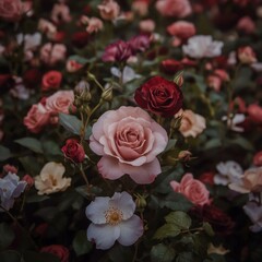Fototapeta premium Romantic Rose Garden Blooming Pink Red Roses Floral Background