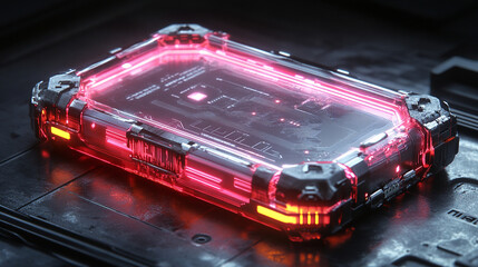 Hi-tech futuristic CPU chip on motherboard with transparent sheath over capacitor, glossy red core, modern technology background, minimalistic, bright tones, blurred space