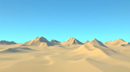 Vast desert landscape with rolling sand dunes under a clear blue sky, peaceful and serene