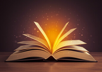An open book, pages fanning out, emits a magical glow and sparkling particles against a dark, starry background, creating a sense of dynamism, wonder, and mystery
