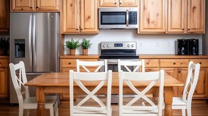 Bright Kitchen Interior With Stainless Steel Appliances And Light Wood Cabinets