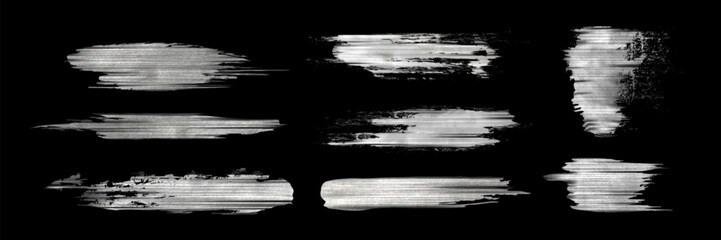 Silver foil brush strokes collection with metallic shine effect on black background. Realistic scattered swipes, elegant strokes and glossy smears. Textured horizontal elements with rough edges.