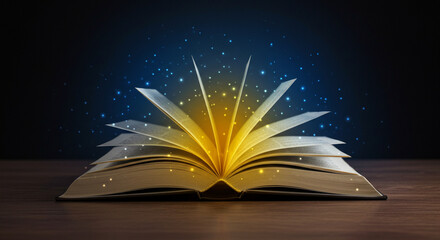 A mystical, fantasy-themed image of an open book with a magical glow and sparkling particles against a dark, starry backdrop, suggesting storytelling and the power of knowledge