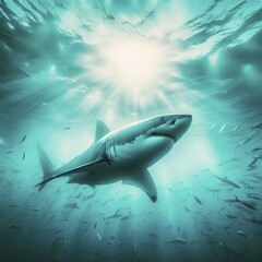 Fototapeta premium A great white shark swims in the ocean in a school of fish, AI generated, AI generated