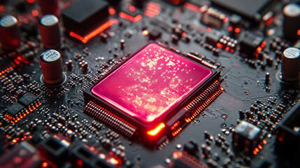 Hi-tech futuristic CPU chip on motherboard with transparent sheath over capacitor, glossy red core, modern technology background, minimalistic, bright tones, blurred space