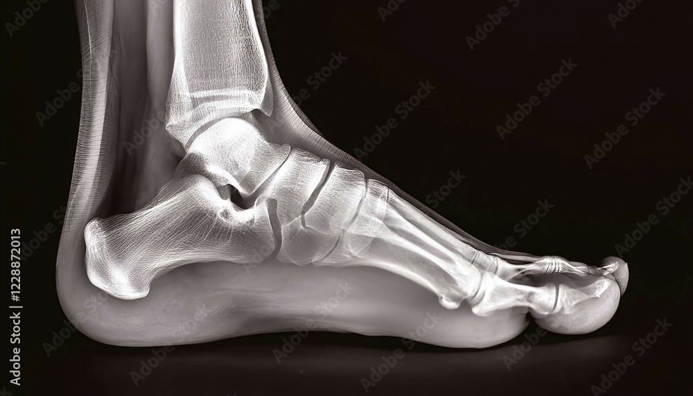 Poster side view of a foot, shown in an x-ray image with clearly recognisable bone structures, ai generated