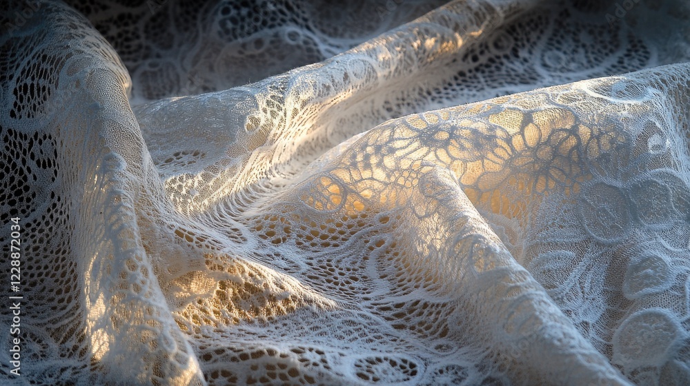 Poster a glowing light source shining through delicate lace fabric, creating intricate patterns on a soft s