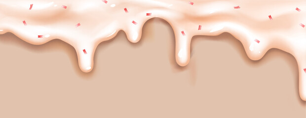 Candy drips with creamy beige texture and pink sprinkles on top. Sweet melting glaze forming waves with smooth curves and glossy surface. Decorative wavy border elements for confectionery design.