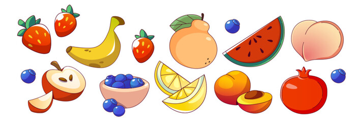 Summer fruit and berry cartoon set. Collection with strawberries and banana, peach and watermelon, apple and blueberries, pear and lemon slices, apricot and pomegranate. Bright seasonal elements.