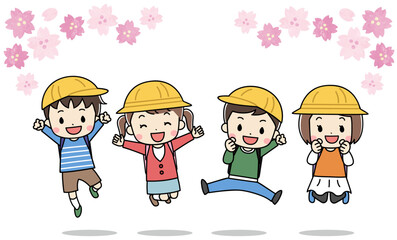春にランドセルを背負った子供たちと桜のイラスト