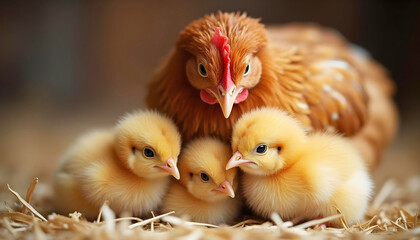 A protective mother hen with brown feathers watches over three fluffy yellow chicks nestled in straw in a warm barn setting.